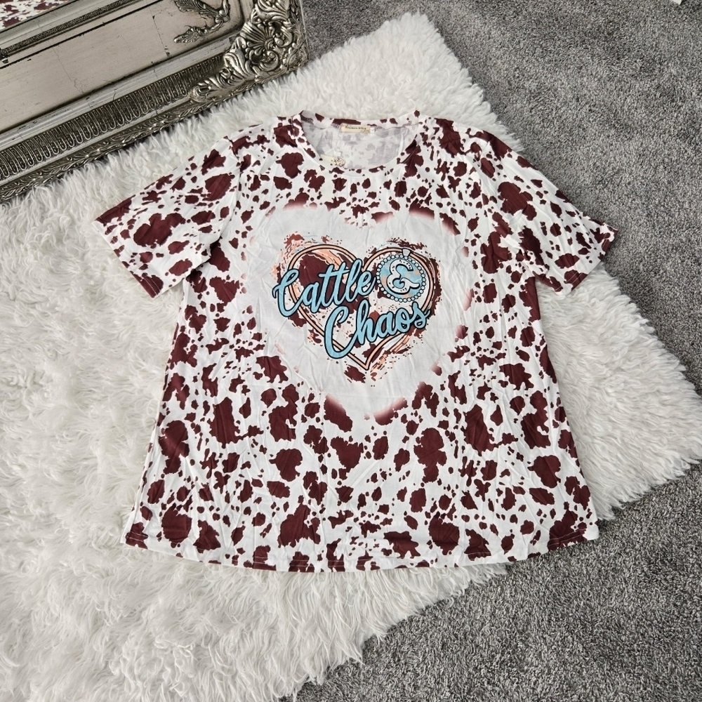 Southern Stitch "Cattle & Chaos" cow print top. Size XL. New.